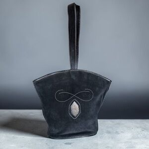 Vintage Roberto Ricci Black Suede Western Bag Stamped Lizard Trim Details